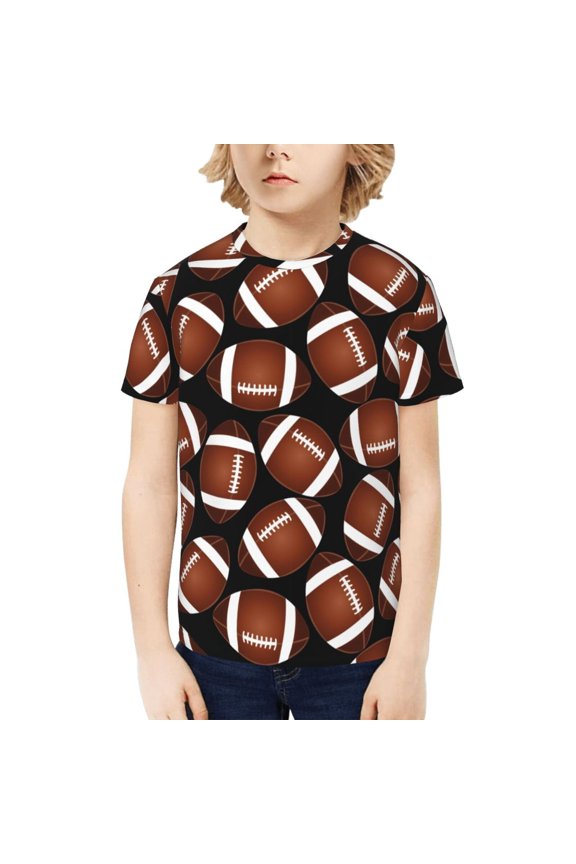 Brown Football On Black Print Kids Boy T-Shirt,Breathable Round Neck Tee,Stylish Summer Tee for Boys, for Outdoor Activities and Casual Wear