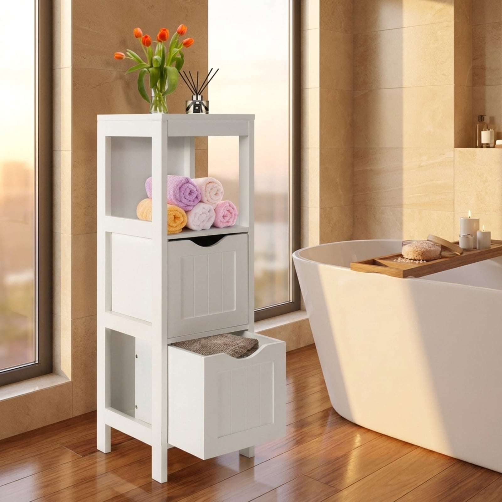SUGIFT Freestanding Bathroom Storage Cabinet with 2 Removable Drawers, Narrow Wood Floor Storage Cabinet with Open Shelves, Slim Accent Cabinet for Bathroom Kitchen, White