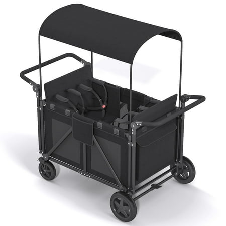 TABU Stroller Wagon for 4 Kids, Wagon Stroller with Canopy, 5-Point Harnesses,Storage,Black