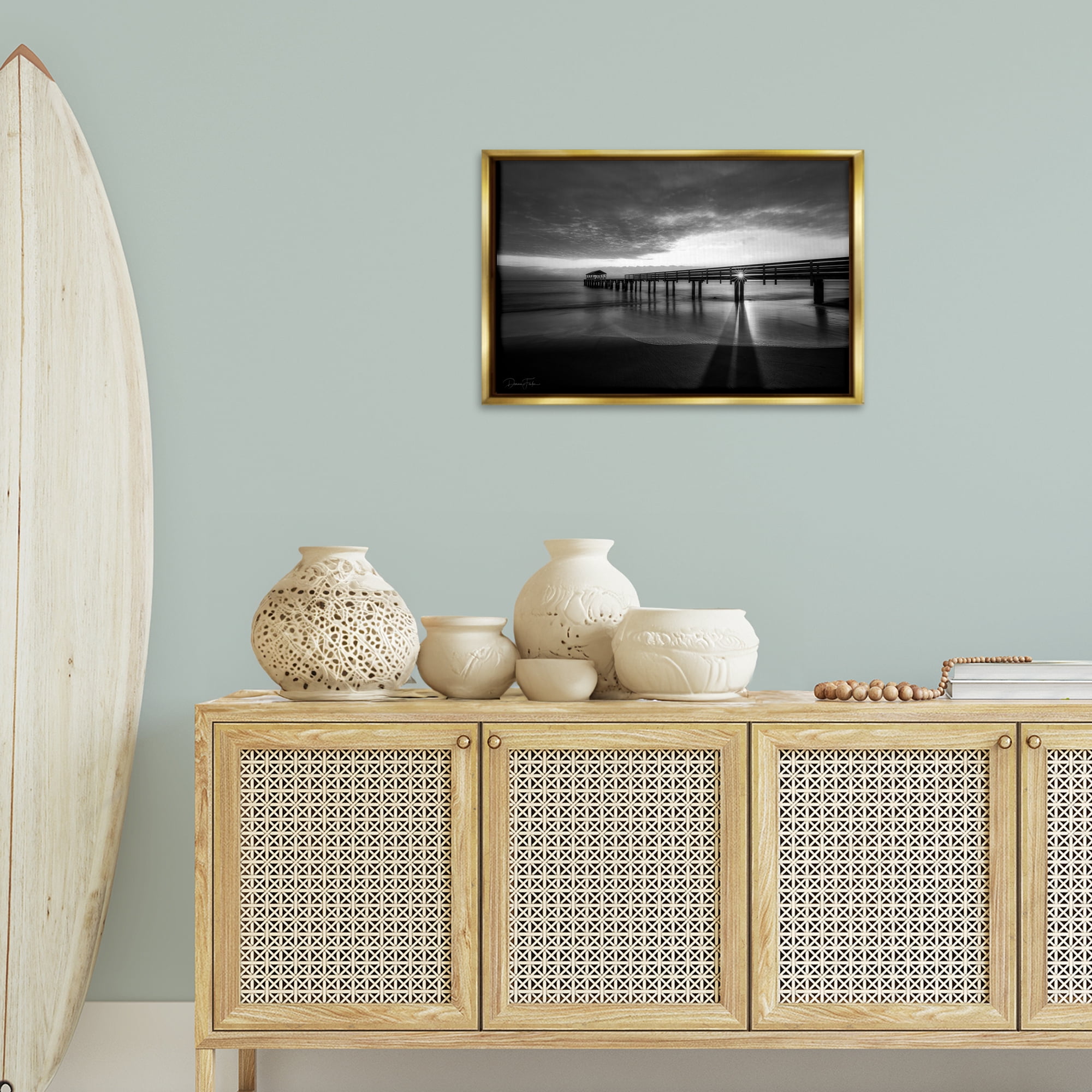 Stupell Industries Sun Shining Through Dock Landscape Photography Gold Floater Framed Canvas Art Print Wall Art, 25 x 17