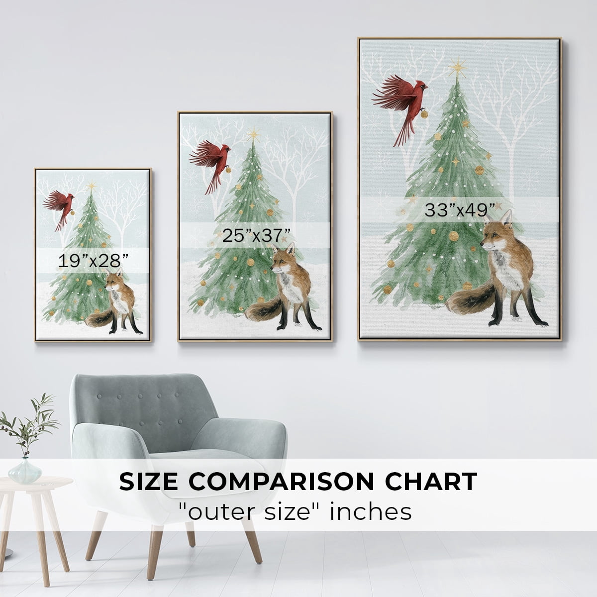 Christmas in the Forest Collection B - Framed Gallery Wrapped Holiday Canvas - 25 x 37 - Natural Wood Frame