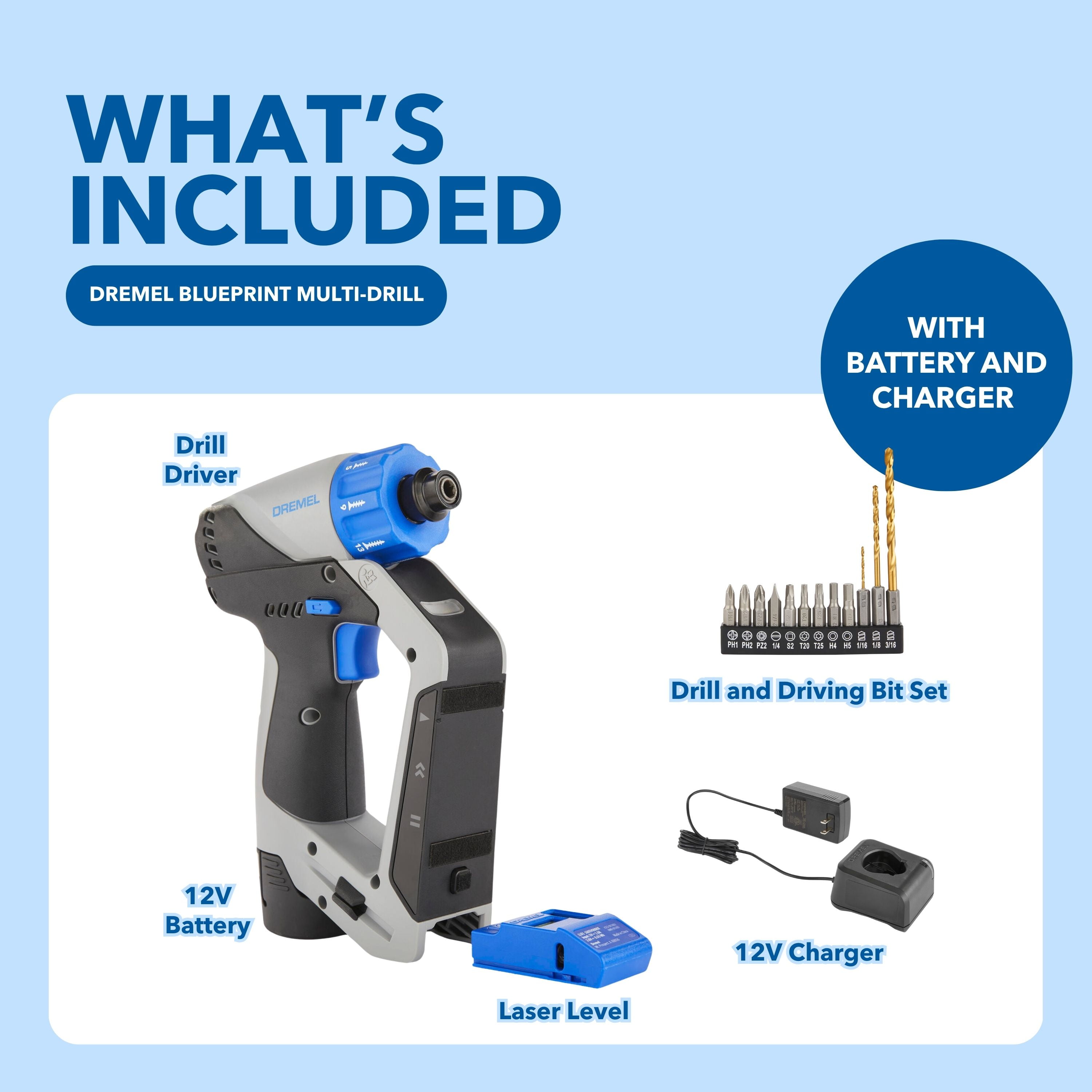 Dremel Blueprint 3 in 1 Drill/Driver with Integrated Stud Finder, Detachable Bubble Laser Level & 12 Bits