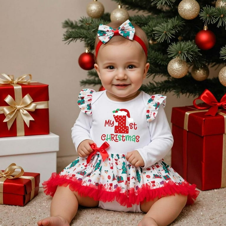 Wangmeiwg Christmas Dress For Girls, Christmas Holiday Baby Girl Romper  Long Sleeve Cartoon Print Outfit With Hair Accessories For Toddler Festive  Party Wear 0-3 Months Green - Walmart.com