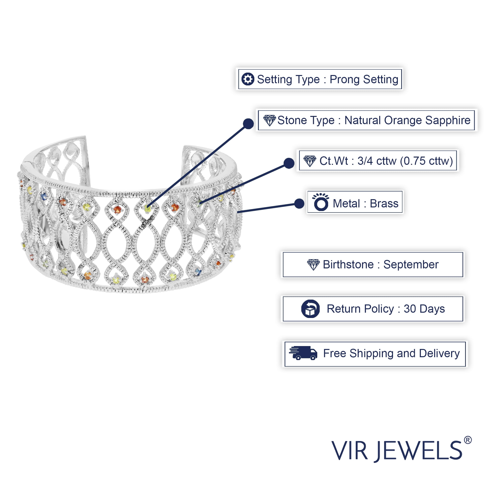 Vir Jewels 3/4 CTTW Multi Sapphire Cuff Bangle Bracelet Brass with Rhodium Plating Female Adult