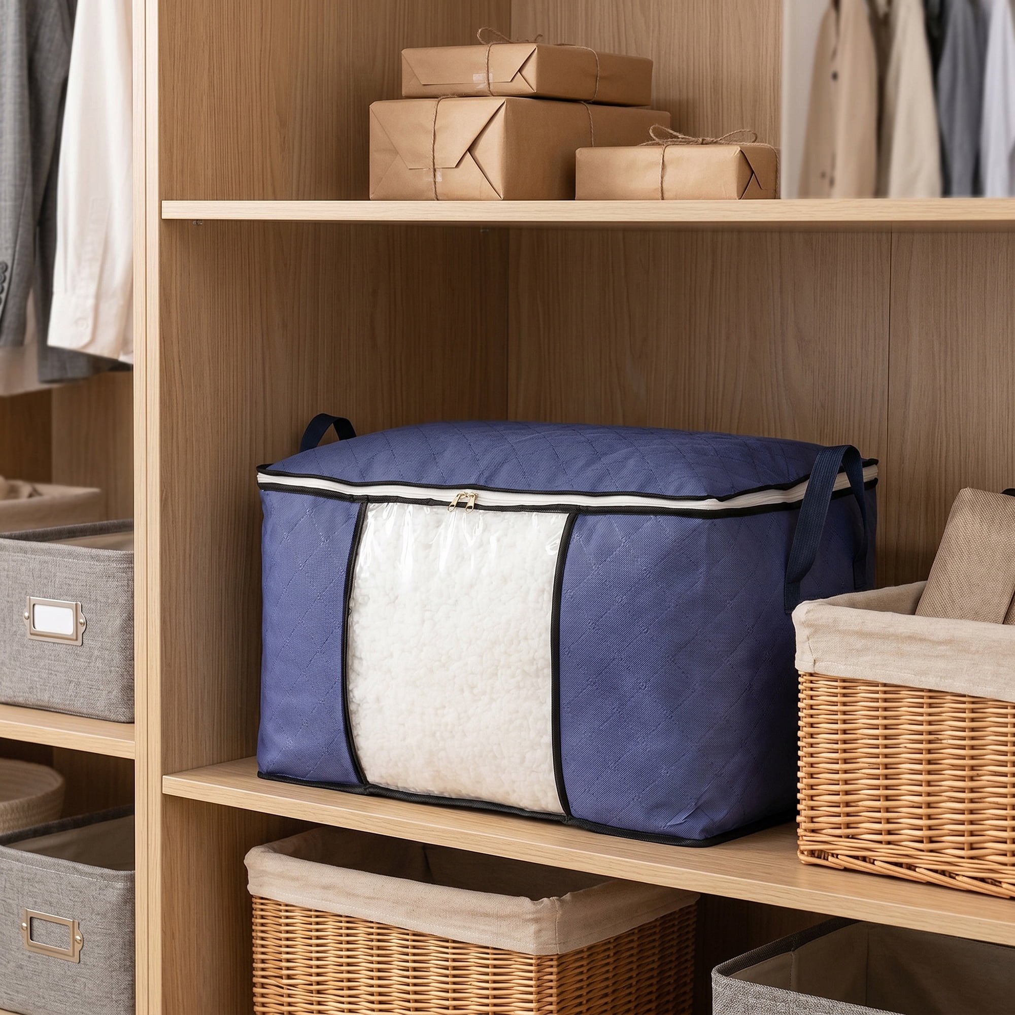 Unique Bargains Large See-through Storage Sack with Double Zippers Blue 23.6"x16.9"x13.8"