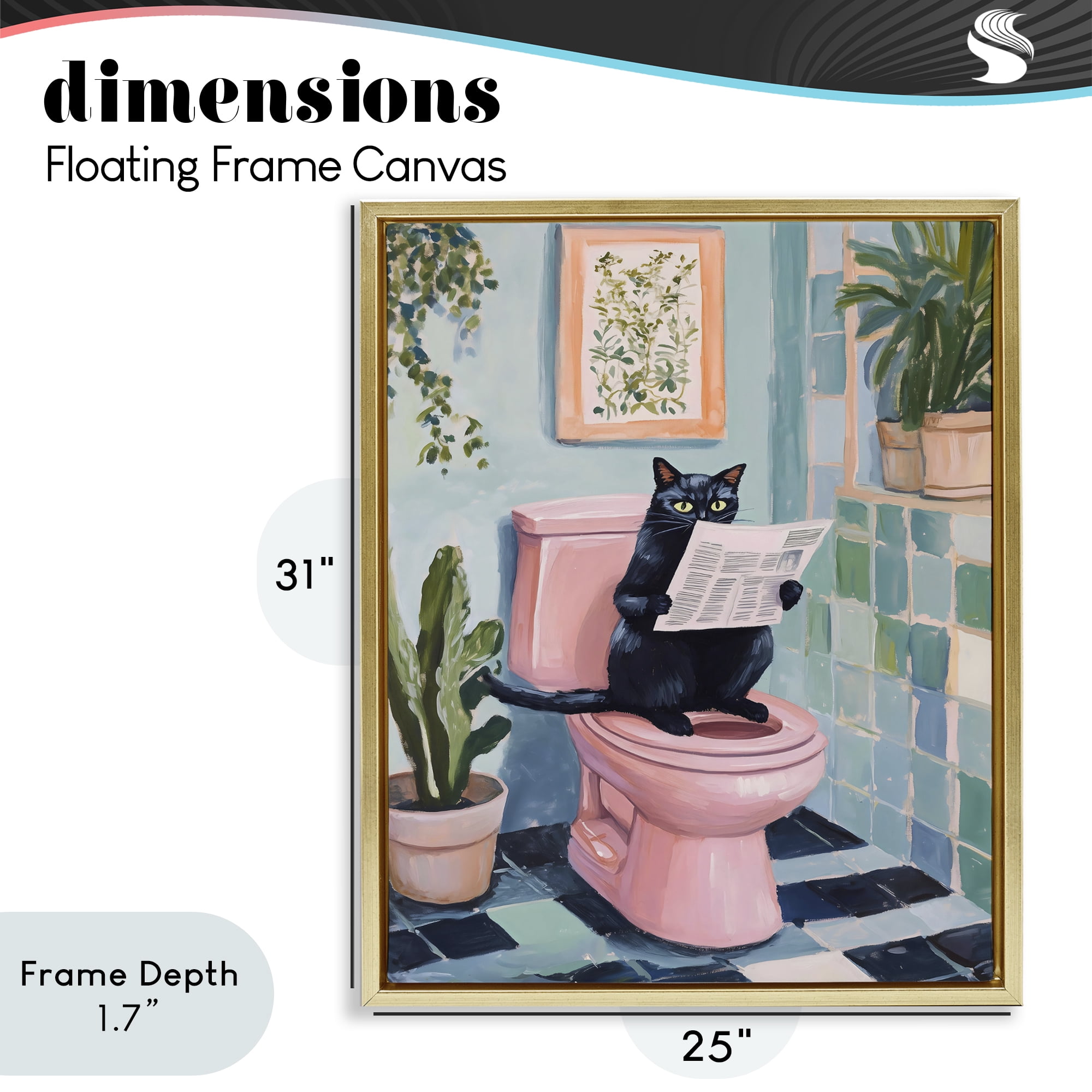Stupell Industries Cat Reading on Pink Toilet Gold Framed Floater Canvas Wall Art, design by The Prints Vibe