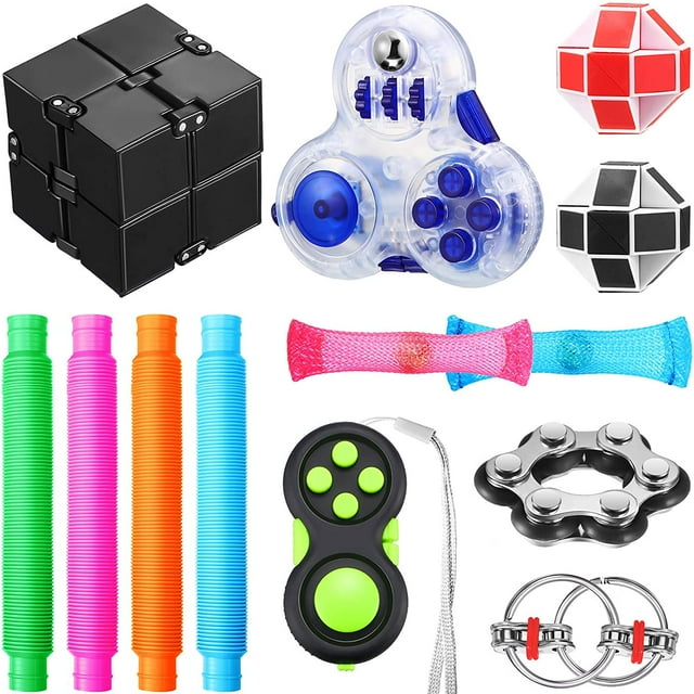 13 Pieces Fidget Toy Set Include Fidget Cube Infinity Cube Fidget Pad Pop Tubes Six Roller Chain Key Flippy Chain Marble Mesh Snake Twist Cube Puzzles Sensory Toys for Anxiety Relief and Improve Focus