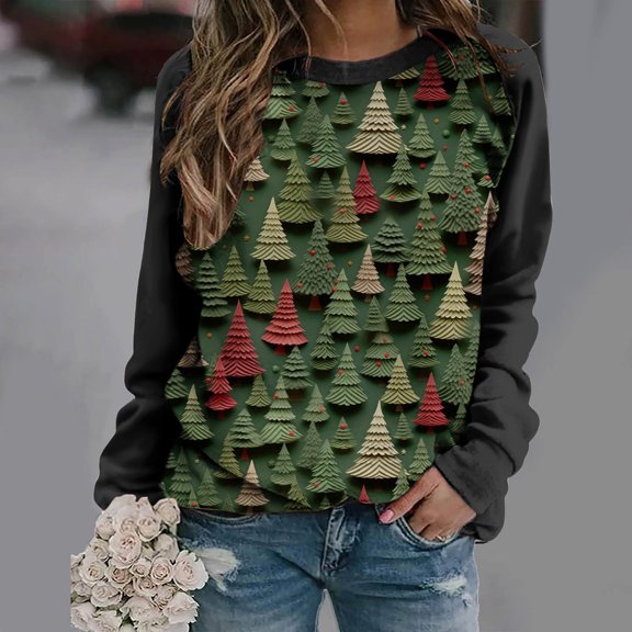 pimelu Christmas Sweatshirt Clearance Cute Christmas Shirts for Women Fashion Color Block Christmas Graphics Sweatshirt Laides Round Neck Raglan Long Sleeve Pullover Tops
