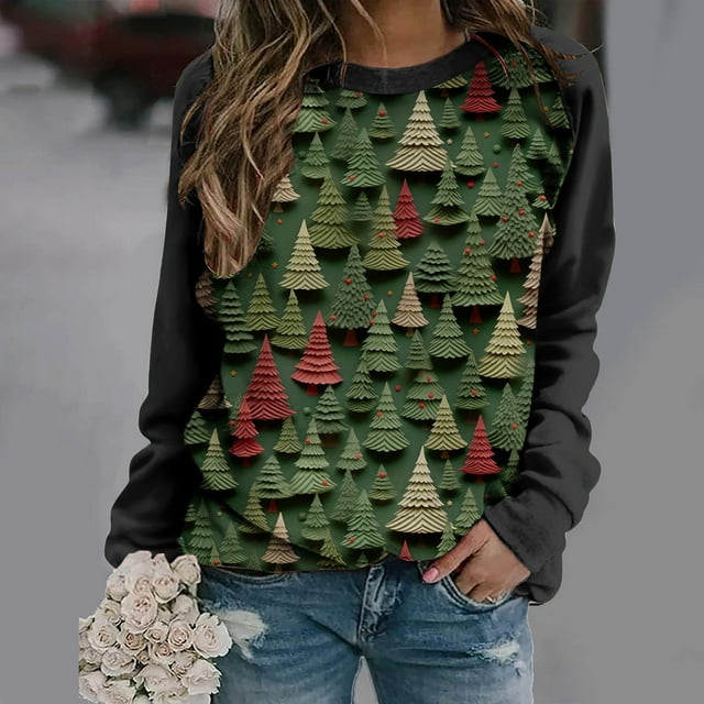 Walmart+ Semaine Aqestyerly Hauts à Manches Longues pour Femmes Blouse de Noël Imprimée Col Rond Tunique Décontractée