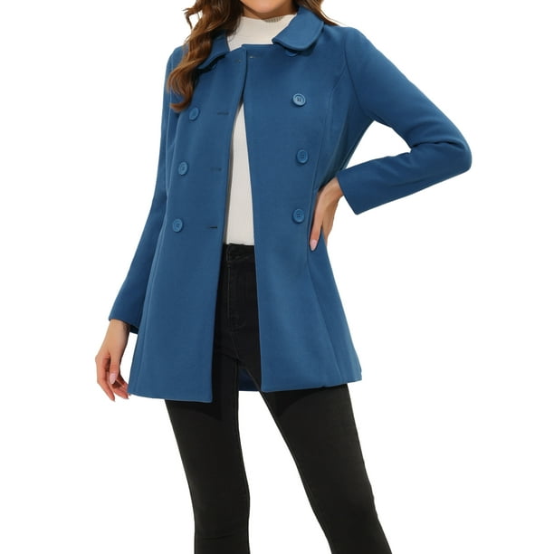 Abrigo largo de invierno de doble botonadura con cuello Peter Pan para mujer Inspire Chic en gris oscuro y azul S