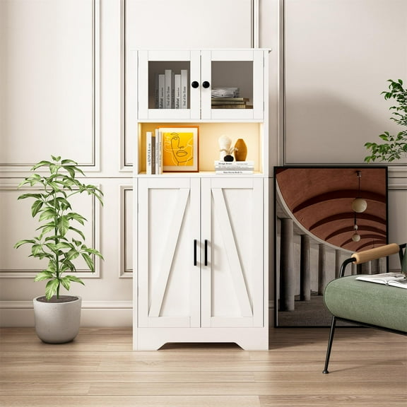 Sideboard Storage Cabinet With LED Light Open Storage Space 4 Door Storage Cabinet For Living Room Dining Room