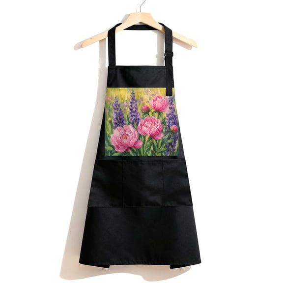 RKSupls Waterproof Bib Apron with 3 Pockets, Pink Peonies And Lavender Blooms Adjustable Neck Strap Soft Polyester Water Resistant Apron for Kitchen Restaurant Home Use