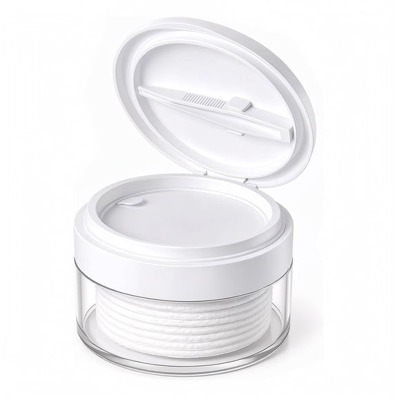 Cotton Rounds Holder with Clear Body and White Flip-Top Lid, Built-In Tweezers, Clear and White Plastic, for Bathroom Vanity Countertop, Makeup Storage Container