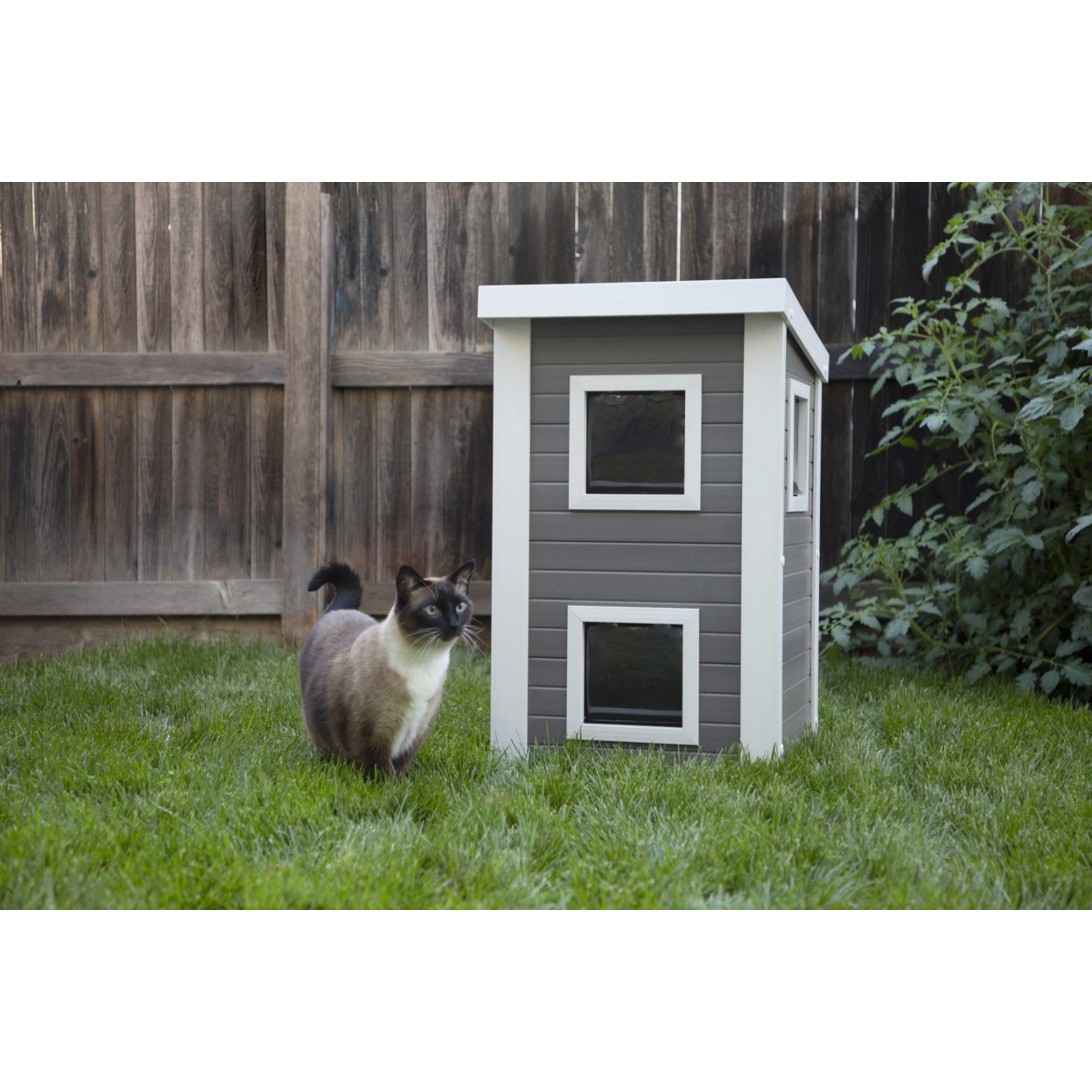 New Age Pet® ECOFLEX® Outdoor Cat Multi-Level Townhouse - Standard Size Gray with Antique White Trim