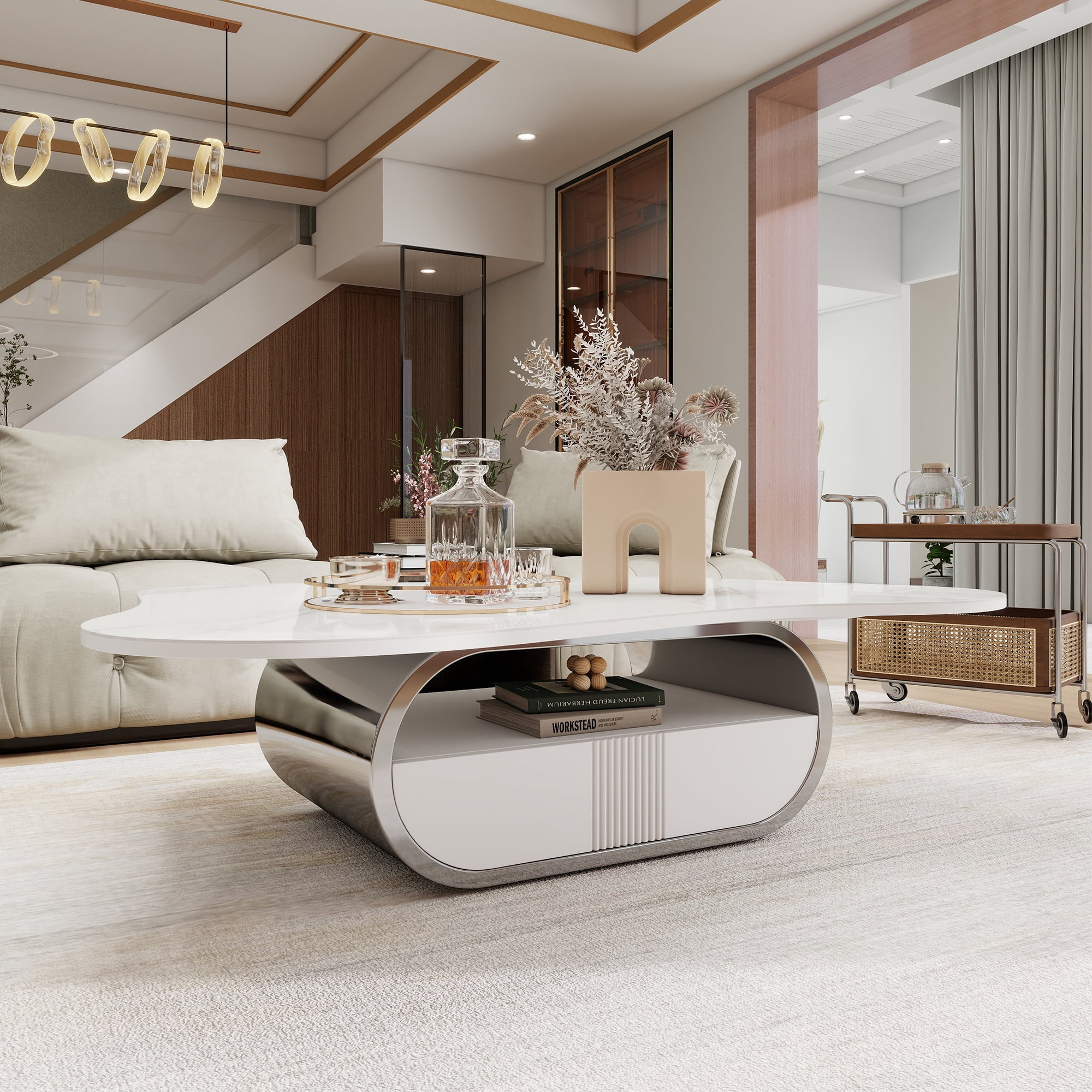HIUU Cloud Coffee Table with Sintered Stone Top,White Marble Coffee Table with Storage Shelf & Drawer, Stainless Steel Base(Grey+White)