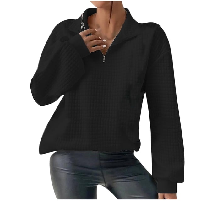 Timegard Quarter Zip Pullover for Women Long Sleeve Sweatshirts Fall Winter Loose Tops Solid Color