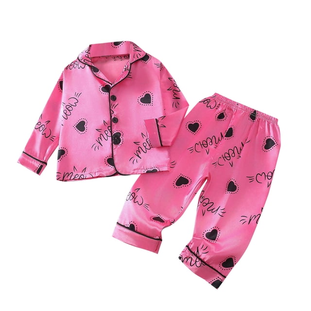 Odeerbi 1-5 Años Pijama de Satén Para Niño, Niña, Con Solapa de Muesca, Camisa de Manga Larga, Pantalón, Estampado de Amor, Ropa de Dormir, Pijama de Dos Piezas
