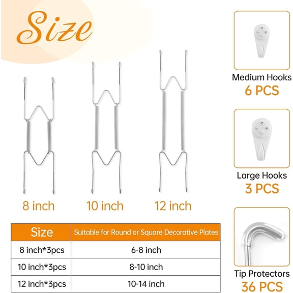 PYYAN-9-Piece Stainless Steel Plate Hangers - Heavy Duty 8/10/12 Inch Invisible Wall Plate Holders with 9 Wall Hooks & 36 Rubber Tip Protectors for 8-14 Inch Decorative Plates (Silver)