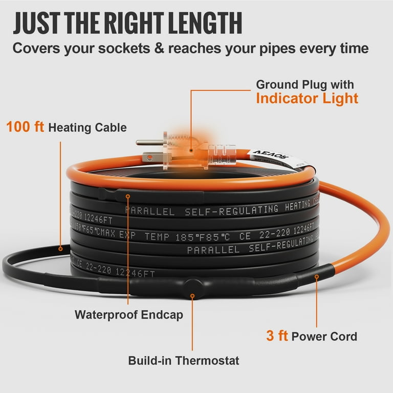 VEVOR Self-Regulating Pipe Heating Cable, 100-feet 5W/ft Heat Tape