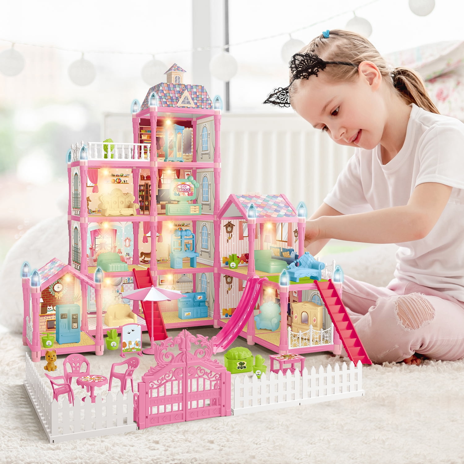 JoyStone 10 Rooms DollHouse, Huge Dollhouse Playset with LED Lights, Dolls, Furnitures, Accessories with Play Mat DIY Pretend Play Toys Gifts for Kids