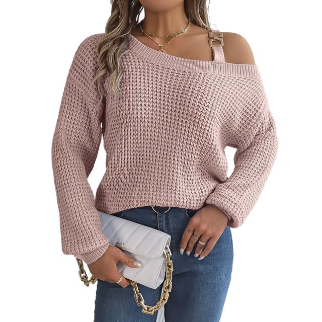 Suéter con hombros descubiertos for mujer, suéteres de punto con hombros descubiertos, Color sólido, manga larga, suelto, invierno