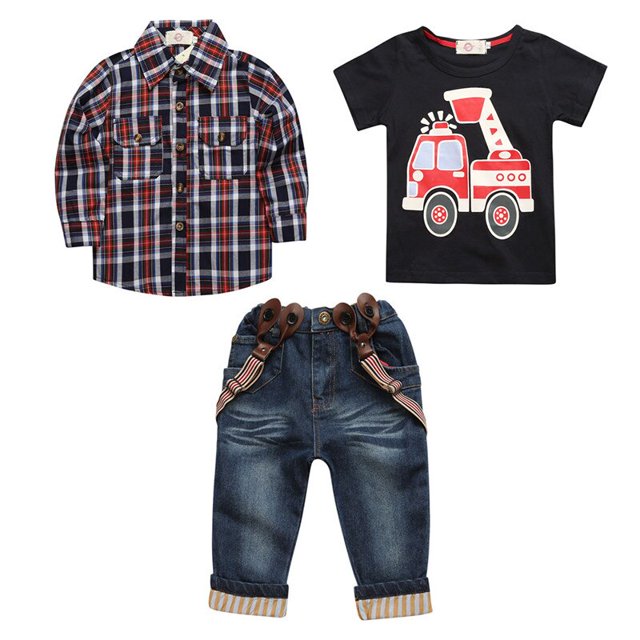 New Gentleman Children's Clothing Spring And Autumn Boys European And American Fan Car Ches Check Shirt Jeans Three-Piece SuitPhoto Color7T-110 He Qiyong unisex