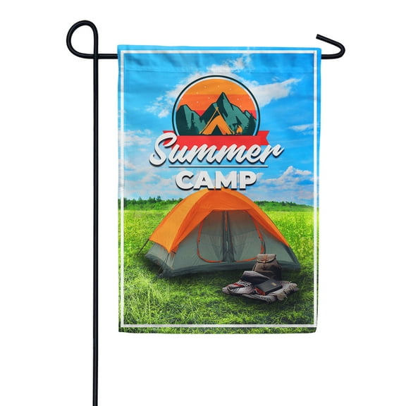 America Forever Summer Camp Garden Flag 12.5 x 18 inches American Traveller Happy Camper Hiking Mountain Adventure Double Sided Seasonal Yard Outdoor Decorative Red Tent Garden Flag