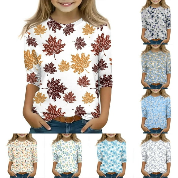 Drmagiyhm Light Blue 3/4 Sleeve Fall Shirts for Girl Size 10-12 Cute Floral Print T Shirt Casual Fall Winter Crewneck Shirt Girl Tees 5-6 Years