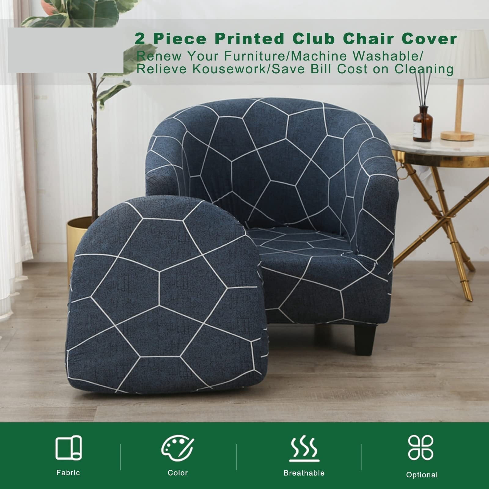 LKJYER Club Chair Slipcover 2 Piece Tub Chair Slipcover Stretch Barrel Chair Covers Printed Armchair Covers Removable Sofa Cover Couch Furniture Protector Arm Chair Cover for Living Room