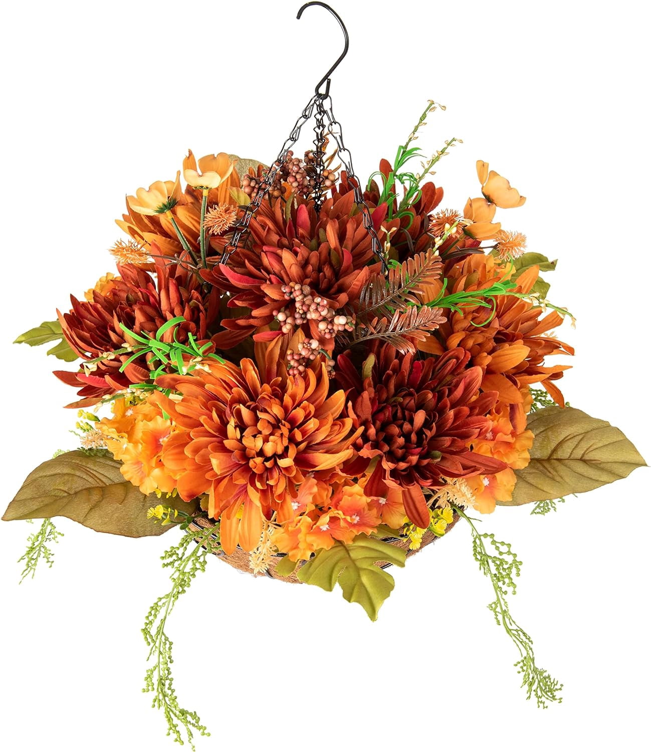 Artificial Faux Hanging Flowers Plants in Basket for Outdoor, Fully Assembled Fake Fall Orange Mix Silk Chrysanthemum Hydrangea Mums Arrangements Hanging Planter for Home Porch Patio Balcony Decor
