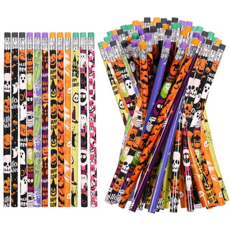 72 PCS Halloween Pencils with Eraser 12 style Assortment Themed Pencil Ghost Pumpkin Skeleton Bat Spider Wooden Pencils