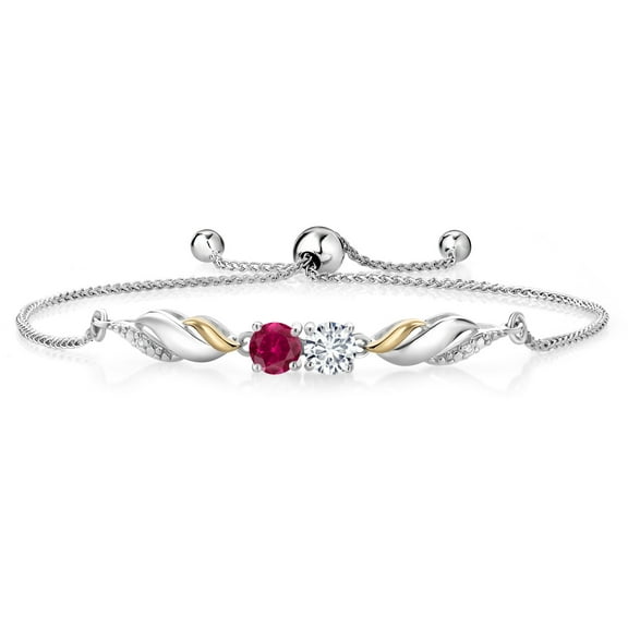 Gem Stone King 1.52 Ct E-F Lab Grown Diamond Red Created Ruby 925 Silver and 10K Yellow Gold Bracelet for Women
