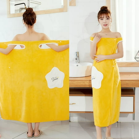 

Walmeck Women Plush Bathrobe with S-trap Thick for Winter Coral Fleece Ruffle Off Shoulder Wearable Water Absorption Quick Dry Body Towel for Home