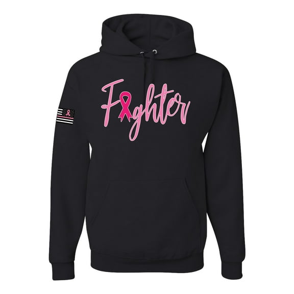 Wild Bobby, Fighter Breast Cancer Survivor USA Flag Sleeve Breast Cancer Awareness Unisex Hoodie Sweatshirt, Black, X-Large