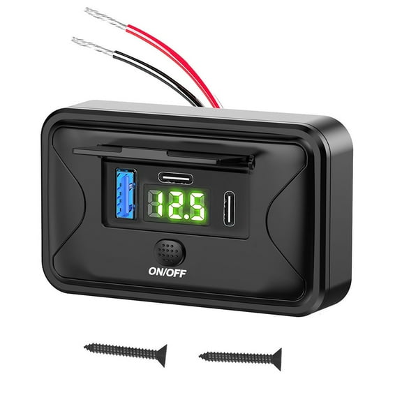 Car Charger 3 Port USB C Outlet RV Panel Socket with Voltmeter QC3.0 PD3.0 Fast Charging for Car Marine Bus