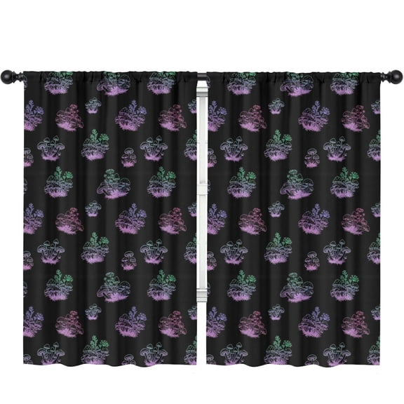 Mushroom and Flower Black Pattern Insulated Teens Curtains Set Of 2, Bedroom Essentials, Toddler Room Decor 52"x84"