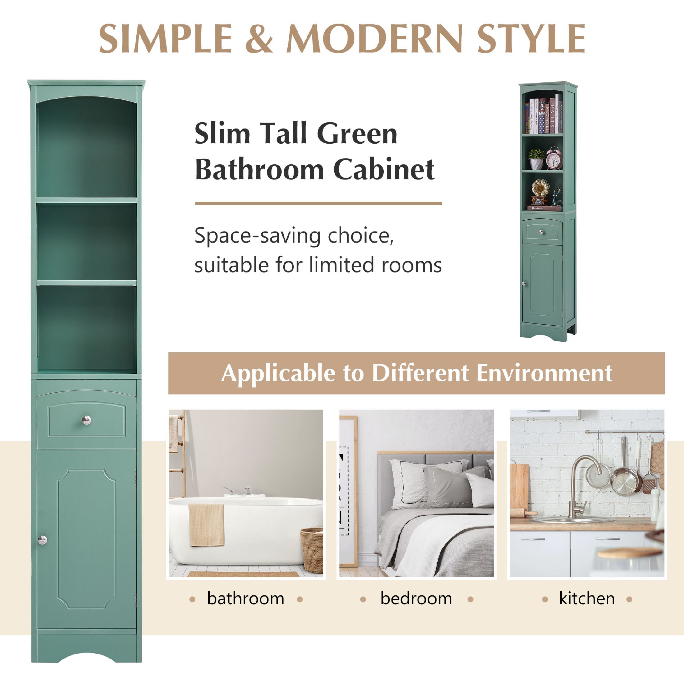 AENKYO Bathroom Cabinet with Adjustable Shelves, High Storage Cabinet with Open Spaces and Drawer, Green