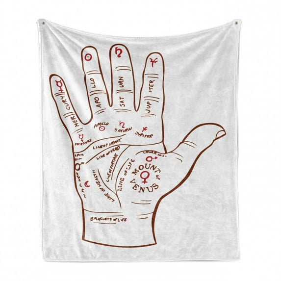 Boho Soft Flannel Fleece Blanket, Palm Reading Hand Fortune Prediction Drawing and Space Related Symbols Scripts, Cozy Plush for Indoor and Outdoor Use, 50" x 70", White Redwood Ruby, by Ambesonne