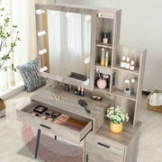 Ktaxon Lighted Vanity Table Set with Charging Station, Makeup Dressing Table with Sliding Mirror, Bedroom Vanities Set