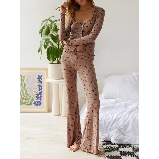 Y2k Fairy 2 Piece Pajamas Set Long Sleeve Button Down Fitted Crop Top Leggings Set Women Casual Lounge Pants Outfits Sleepwear