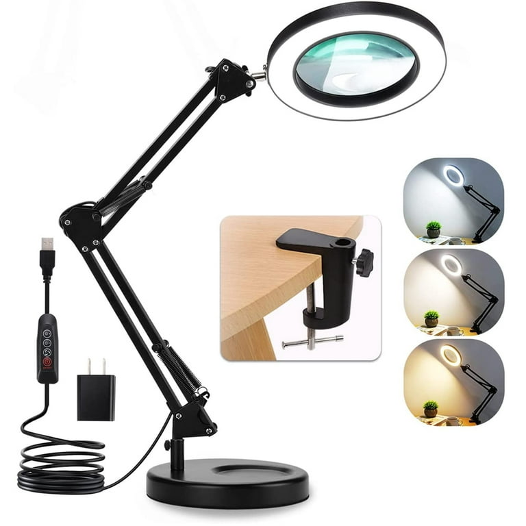 8X Magnifying Glass with Light and Stand, 2-in-1 Real Glass Magnifying Desk  Lamp & Clamp, 3 Color Modes Stepless Dimmable, LED Lighted Magnifier with  Light for Hobby Crafts Repair 