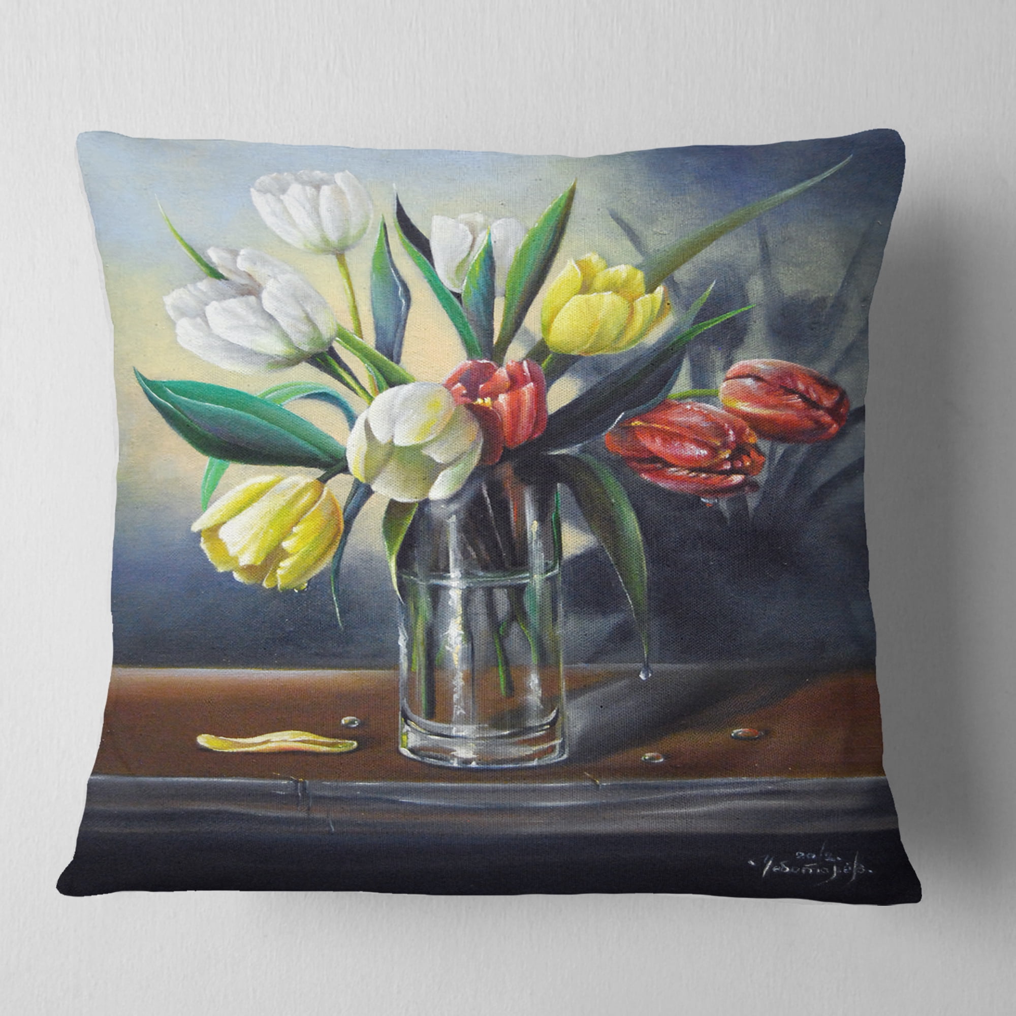 Designart Red White Yellow Tulips - Floral Painting Throw Pillow - 18x18