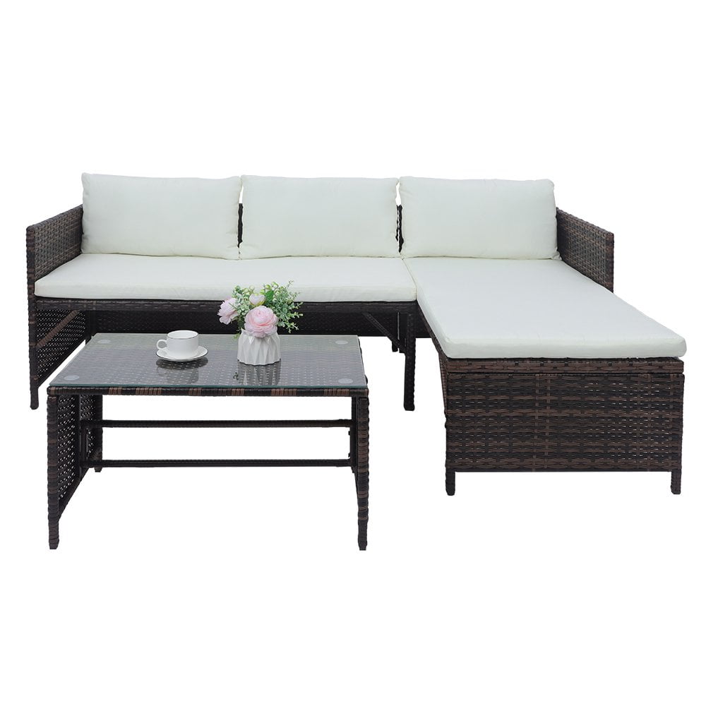 Gzxs L Shape Outdoor Furniture Set, 3 Piece Rattan Patio Conversation