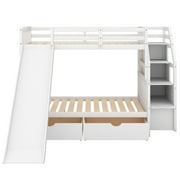 Euroco Wood Twin over Full Bunk Bed with 2 Drawers and Slide, Storage Staircase for Bedroom, White