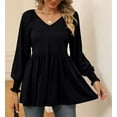 thumbnail image 2 of Temofon Womens Long Sleeve Tunic Tops 2024 Casual Puff V-Neck Pleated Flare Blouse T-Shirts with Smocked Cuffs fall clothes BLACK, 2 of 5