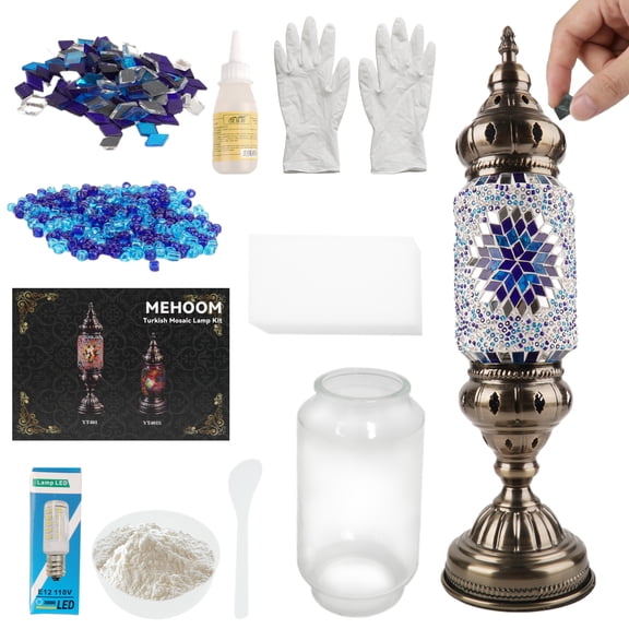 MEHOOM DIY Mosaic Lamp Kit, Turkish Crafts Kit for Adults, Luxury Moroccan-style Decor, Table Lamp for Bedroom Ambiance, Perfect Gift for Her or Him (Serenity Blue)