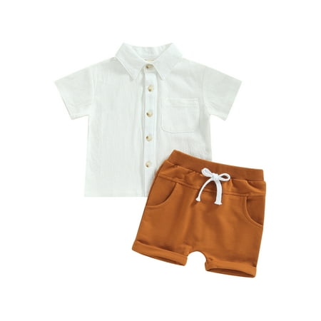 

Qtinghua Toddler Baby Boy Summer Clothes Short Sleeve Lapel Neck Button Down Shirt+Shorts Gentleman Outfits Caramel 12-18 Months