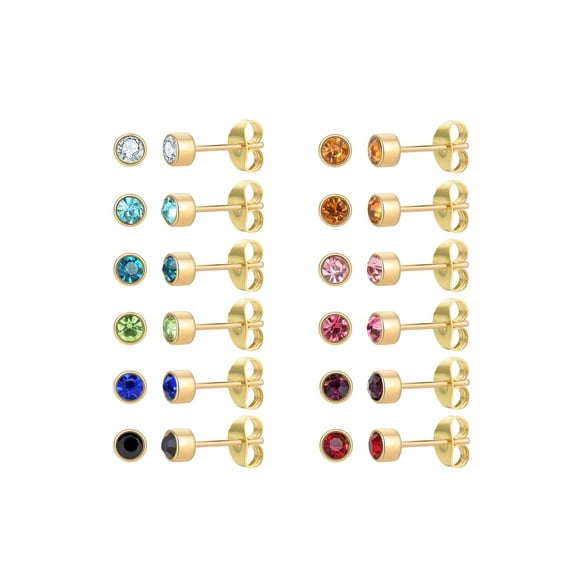 12 Pairs IP Gold Stainless Steel Stud Earrings,Birthstone colourful Crystal Earring Sets for Women with Size 3mm 4mm 5mm