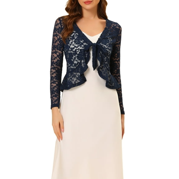 DARING DIVA Women's Ruffled Hem Floral Lace Crop Shrug Cardigan L Dark Blue