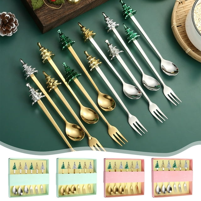 Juego de tenedor con cuchara y árbol de Navidad de acero inoxidable | Utensilios Multicolor de 6 Piezas | Cubiertos decorativos de café para postre de fruta | Set de regalo portátil reutilizable